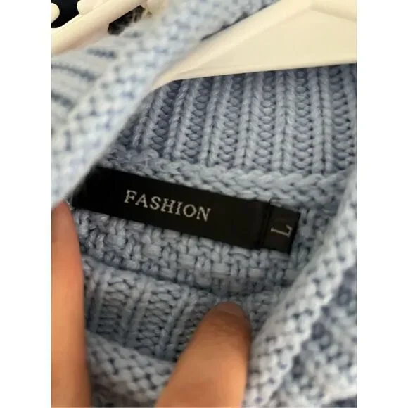 Fashion brands roll neck blue white and gray striped sweater L - Picture 2 of 4